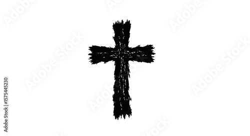 Dramatic black and white cross illustration against a clean white background