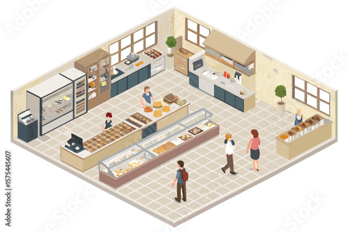 Magnificent Isometric Bakery Shop Floorplan with Tiled Interi - Vibrant and Dynamic Visual Story Per