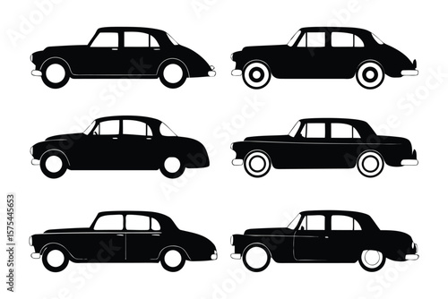 Classic Car Silhouette Collection: A set of classic car silhouettes, featuring various models, ideal for design, illustration, and automotive themes.