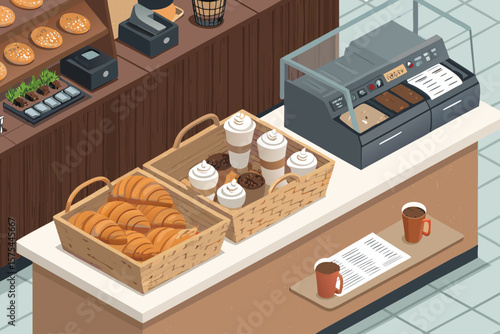 Impressive Isometric Caf Counter with Croissants Coffee - Dramatic and Intense Visual Story Great fo