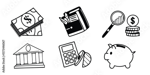 Set of 7 finance icons vector, black and white illustrations