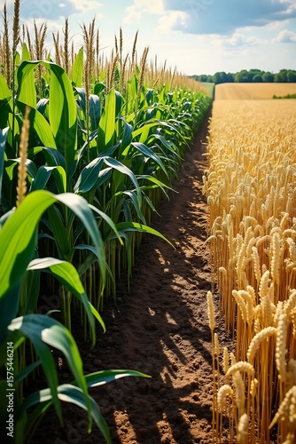 Green corn field next to golden wheat field under blue sky maize agriculture
