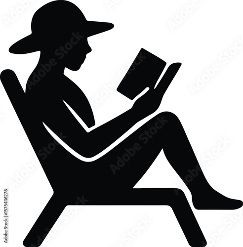 Silhouette of woman reading book on deck chair Vector illustration