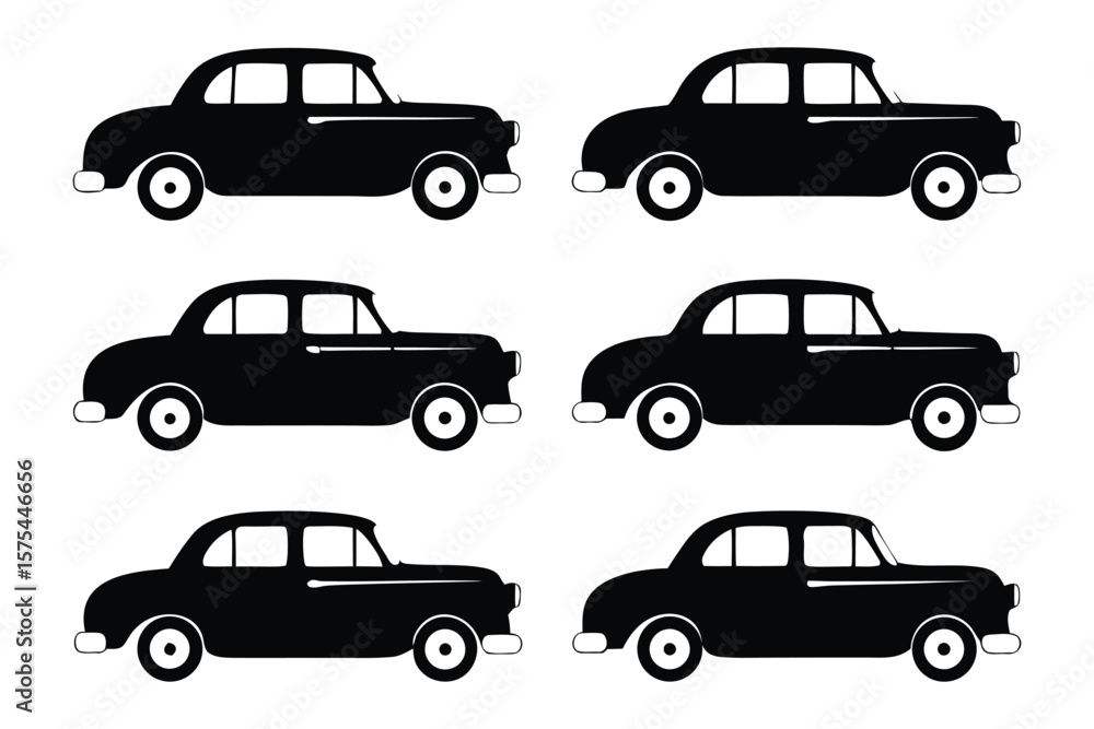 Fototapeta premium Classic Cars Array: An array of classic cars in black silhouette, evoking nostalgia for an era of elegance and timeless design, each representing an iconic vehicle from automotive history.