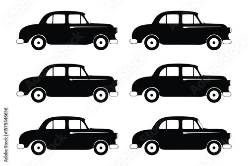 Classic Cars Array: An array of classic cars in black silhouette, evoking nostalgia for an era of elegance and timeless design, each representing an iconic vehicle from automotive history.