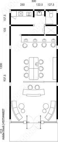 Wallpaper Mural Modern Office Floor Plan with Reception, Meeting Room, and Kitchenette - Top View Blueprint. 5 Torontodigital.ca