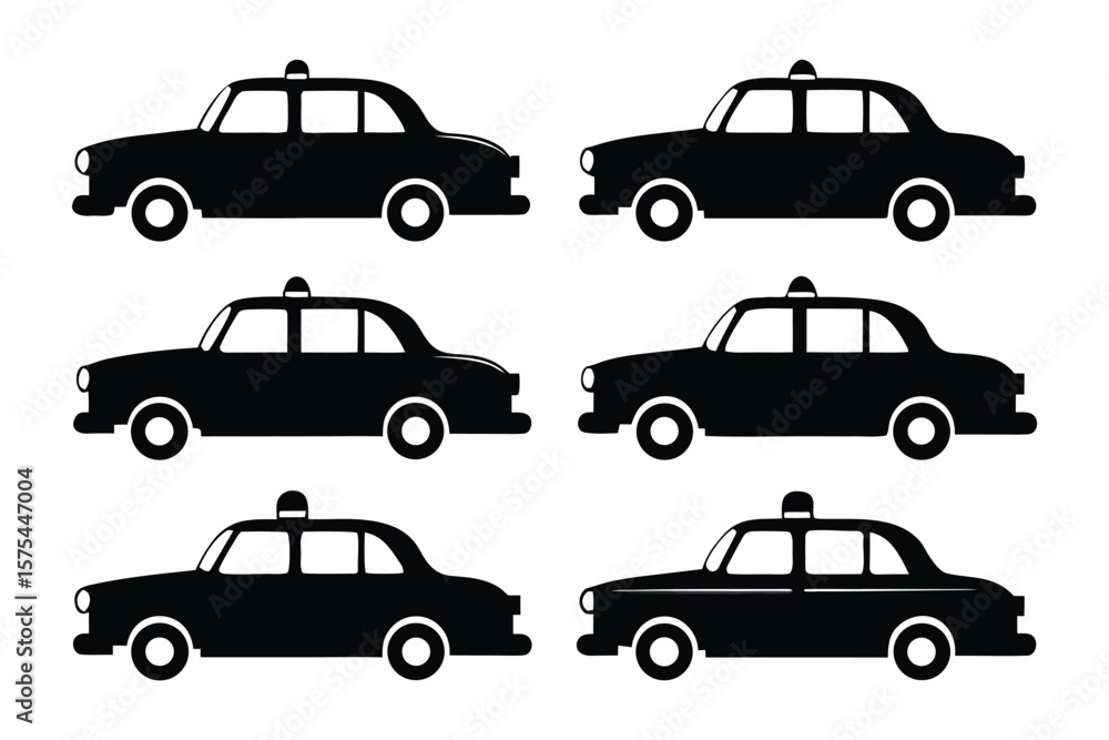 Fototapeta premium Taxi Silhouettes: An array of sleek black taxi cab silhouettes against a simple backdrop, conveying the essence of urban transportation and city life. 