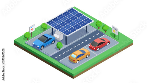 Isometric solar panel charging station for electric vehicles ev cars sustainable energy renewable power solution