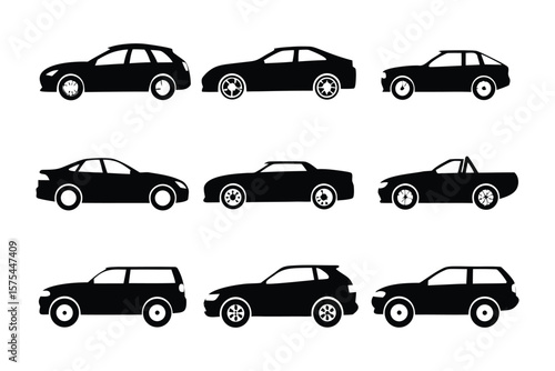 Cars Silhouette: A collection of sleek car silhouettes, illustrating diverse automobile types, perfectly suited for design and transport concepts.