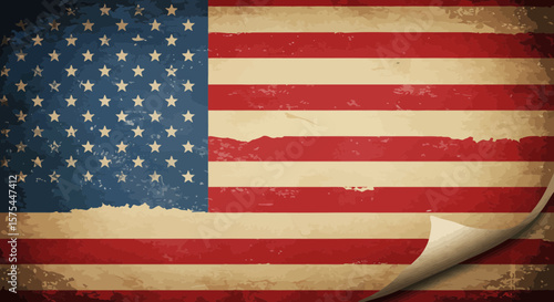 Distressed american flag with curled corner, vintage patriotic background