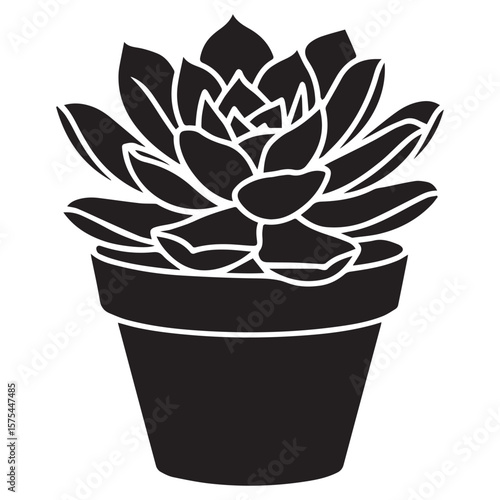 Stylized black silhouette of a succulent plant in a simple pot on a white background
