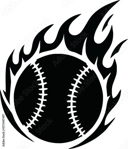 A baseball engulfed in flames, depicted in a stark black and white graphic style.