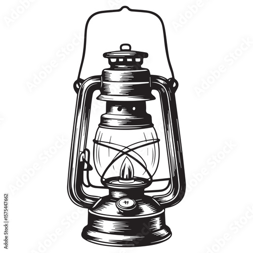 Vintage kerosene lantern with a lit flame and a metal handle depicted in a black and white illustration style