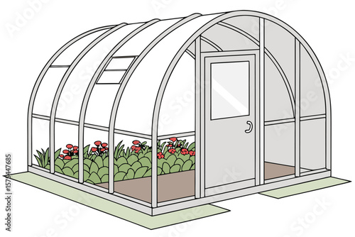 Illustration of a greenhouse with red flowers and green plants inside and a closed door view from outside