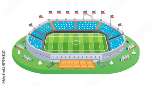 Isometric football stadium soccer arena sports venue with flags and green field illustration for design