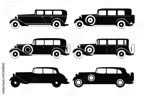 Vintage Car Collection: A captivating collection of vintage cars presented as elegant black silhouettes, each model showcasing unique design elements and timeless appeal.