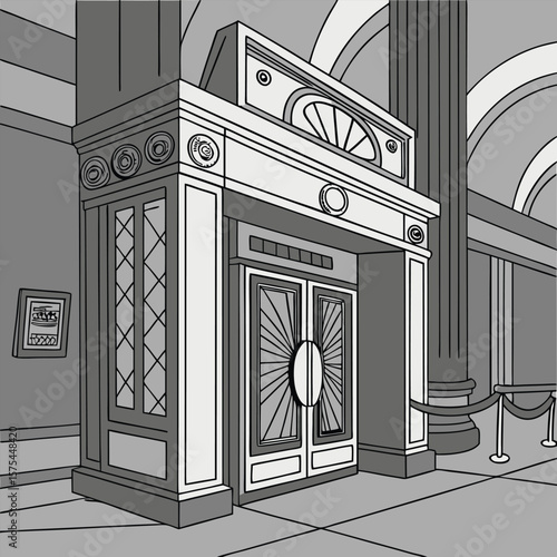 Illustration of an ornate doorway with columns and architectural details in grayscale tones indoors