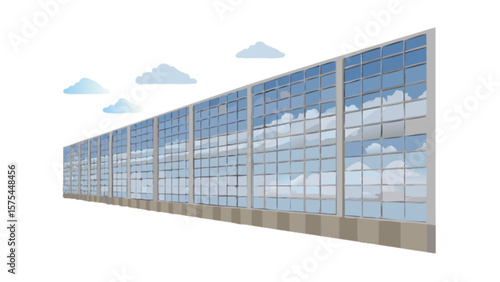 Sound barrier wall with clouds reflecting in glass panels for noise reduction and highway safety design