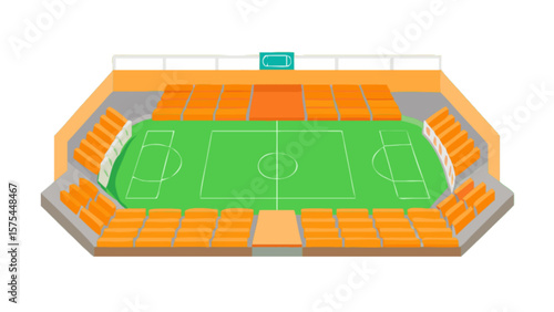 Illustration of soccer stadium with green field and orange seating for sports events and competitions