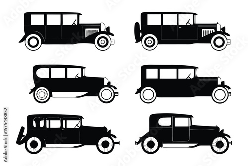 Classic Car Silhouette Collection: A comprehensive set of meticulously crafted black car silhouettes. Perfect for design projects or a tribute to automotive history.