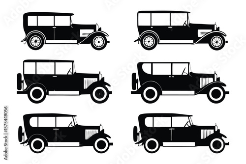 Classic Car Silhouettes: A collection of six vintage car silhouettes, showcasing different body styles from the early automotive era.  These sleek.