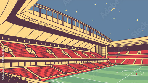 Illustrated empty football stadium sports venue with seating and field under starry night sky design
