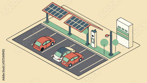 Electric vehicle charging station with solar panels parking lot and ev cars for sustainable transport