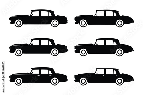 Classic Car Collection: An elegant display of classic cars, meticulously depicted with sleek black silhouettes. Each vehicle evokes a sense of timeless automotive design.