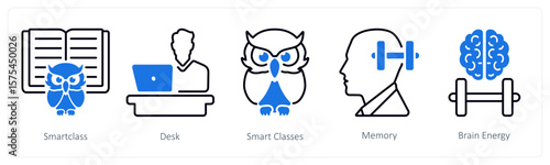 A set of 5 mix icons as smartclass, desk, memory