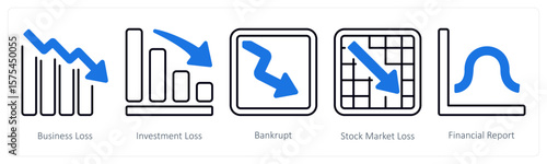 A set of 5 mix icons as business loss, investment loss, bankrupt