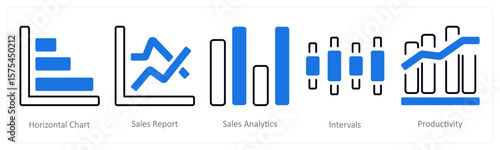 A set of 5 mix icons as horizontal chart, sales report, sales analytics