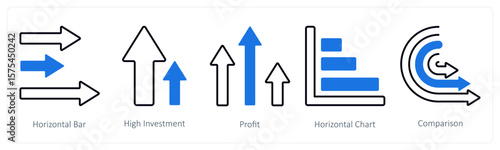 A set of 5 mix icons as horizontal bar, high investment, profit