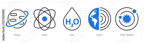 A set of 5 mix icons as planet, orbit, h2o
