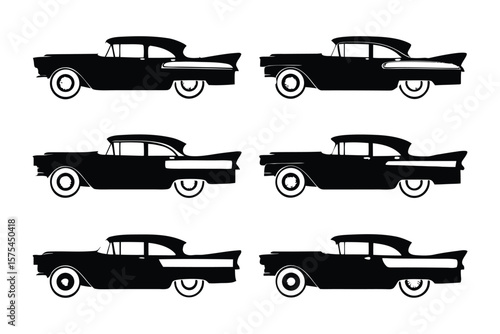 Classic Car Silhouettes: A collection of six classic car silhouettes, rendered in black against a white background, showcasing variations in design. 