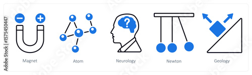 A set of 5 mix icons as magnet, atom, neurology