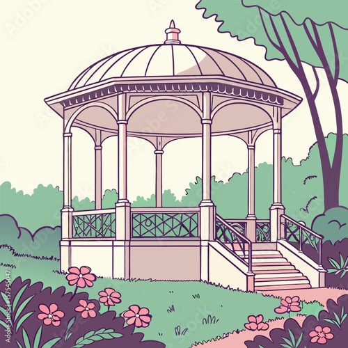 Illustration of a gazebo with dome roof and stairs surrounded by trees and flowers in a garden setting