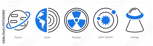 A set of 5 mix icons as planet, earth, nuclear