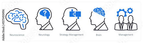 A set of 5 mix icons as neuroscience, neurology, strategy management