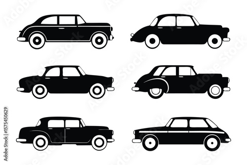 Vintage Car Silhouettes: A classic collection of detailed vintage car silhouettes. Each vehicle displays a timeless elegance.