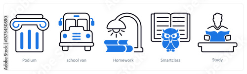 A set of 5 mix icons as podium, school van, homework