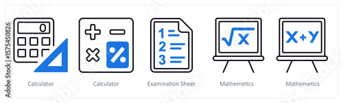 A set of 5 mix icons as calculator, examination sheet, mathematics