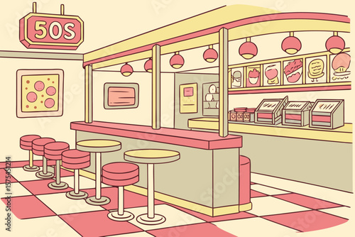 Illustration of a retro diner interior with stools counter and menu board with food drawings inside