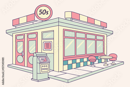 Illustration of a retro diner with a jukebox, chairs, and a table outside on the sidewalk area
