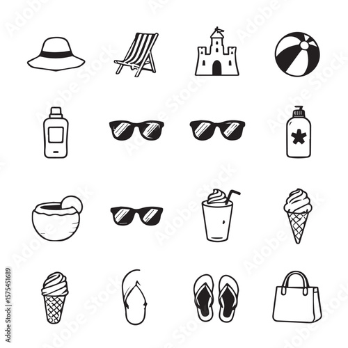 Collection of summer themed drawings in black and white set of icon