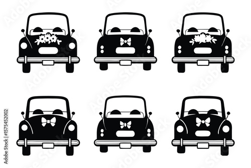 Wedding Car Selection: A collection of six unique wedding cars, each adorned with elegant floral arrangements or charming bow ties, offering a stylish choice for a memorable day.