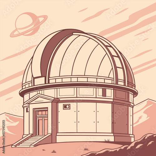Illustration of an observatory with a dome roof and saturn like planet in the sky above it all