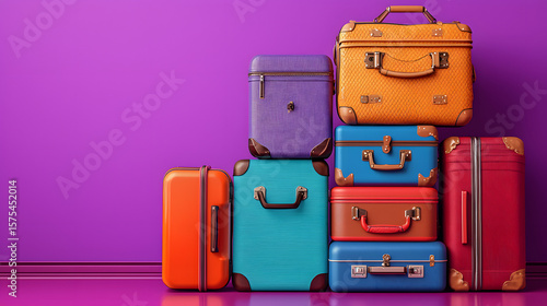 Assorted travel suitcases in various colors and styles, piled up on a vibrant purple background