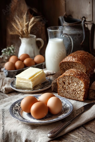 Wallpaper Mural Generative AI. Fresh brown eggs on a vintage plate, accompanied by butter, whole grain bread, and milk in a rustic kitchen setting, creating a warm and inviting breakfast scene Torontodigital.ca