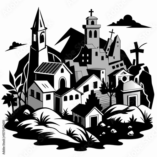 Black and white illustration of a devastated european village under duress