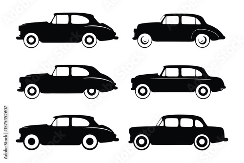 Classic Silhouette Vehicles: A striking collection of classic vehicle silhouettes showcases timeless automotive design in elegant monochrome, perfect for design projects or transport themes.